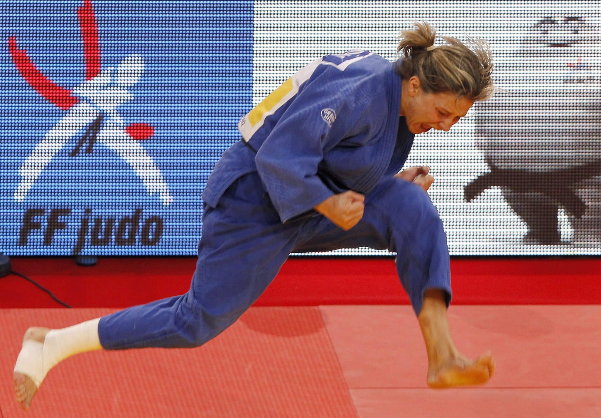 Portugal's Telma Monteiro celebrates after defeating Japan's Aiko Sato in their under -57 kg final at the Paris International Grand Slam judo tournament
